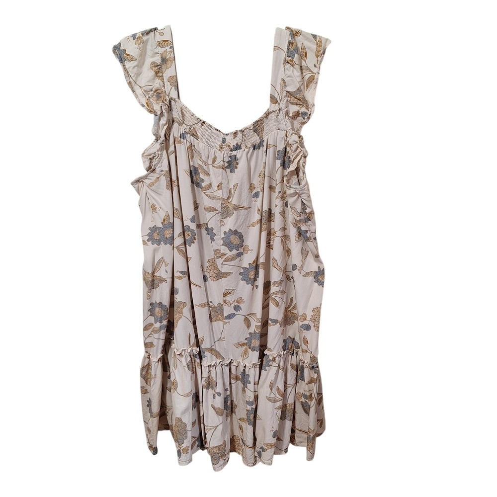 Wonderly Womens XXL Floral Smocked Ruffle Strap Tiered Mini Dress Blue Tan Cream